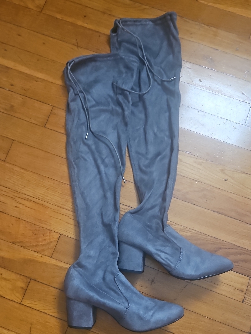 Gray Suede Over-the-Knee Block Heel Boots